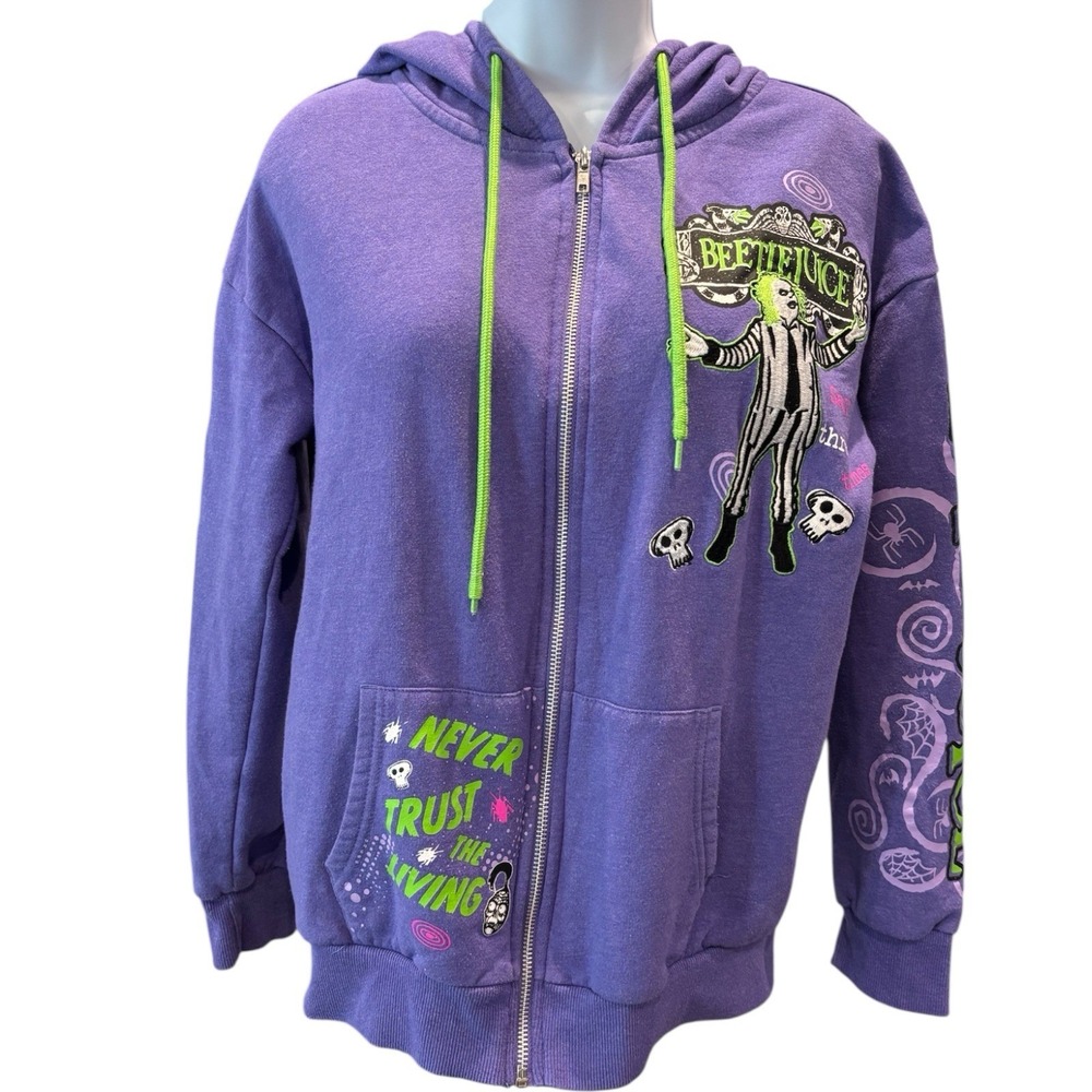 Beetlejuice Purple Zip‎ Hoodie 🎃 "Never Trust The Living" Gothic Graphic XS